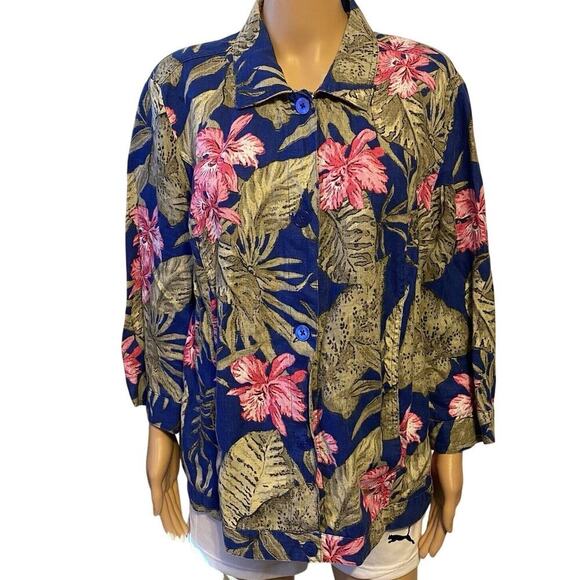 Chico's Linen Women Button Front Shirt Jacket Top Sz 3/XL Floral Blue Pocket - Picture 1 of 9